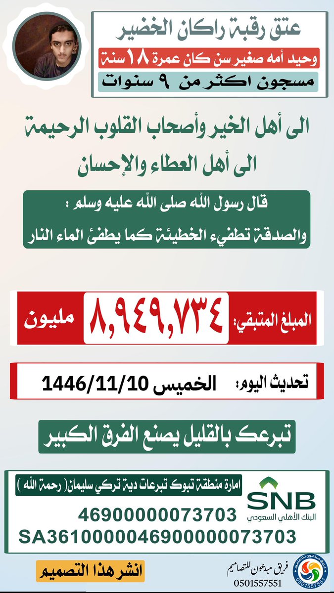 عن النبيِّ ﷺ قَالَ : ( مَنْ نَفَّس عَنْ مُؤْمِنٍ كُرْبةً منْ كُرب الدُّنْيا نفَّس اللَّه عنْه كُرْبةً منْ كُرَب يومِ الْقِيامَةِ )
شاركوا وساهموا واحتسبوا الاجر وافرحوا قلب والدته بخروجه

 #عتق_رقبة_راكان_الخضير