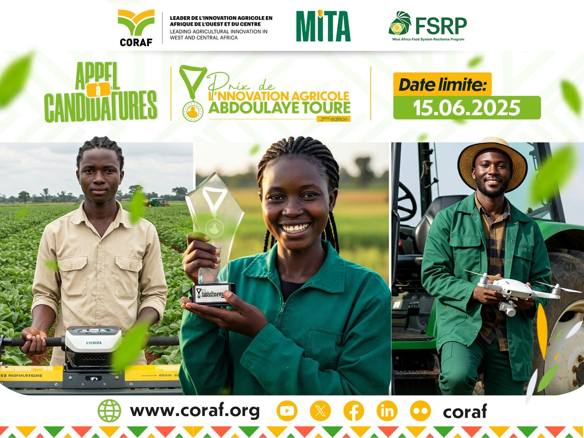 🎖️2e édition du #Prix de l’Innovation Agricole Abdoulaye TOURE

Vous portez une solution innovante pour l’agriculture en Afrique de l’Ouest &amp; du Centre ?

Jusqu’à 30 000 $ pour concrétiser ou diffuser votre technologie.

📅 Deadline: 15 juin 2025 #MITA
🔗 bit.ly/4jPK0xm