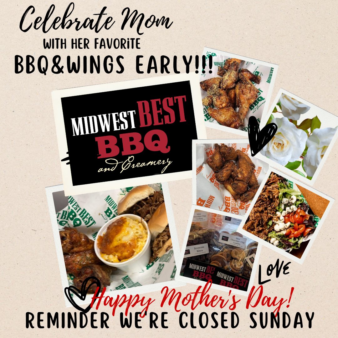 MidwestBestBBQ's tweet image. Come celebrate Mom early with her favorite BBQ, wings, and sides! We are closed Sunday for our team to celebrate with their moms, so get here today or tomorrow and show her some love!