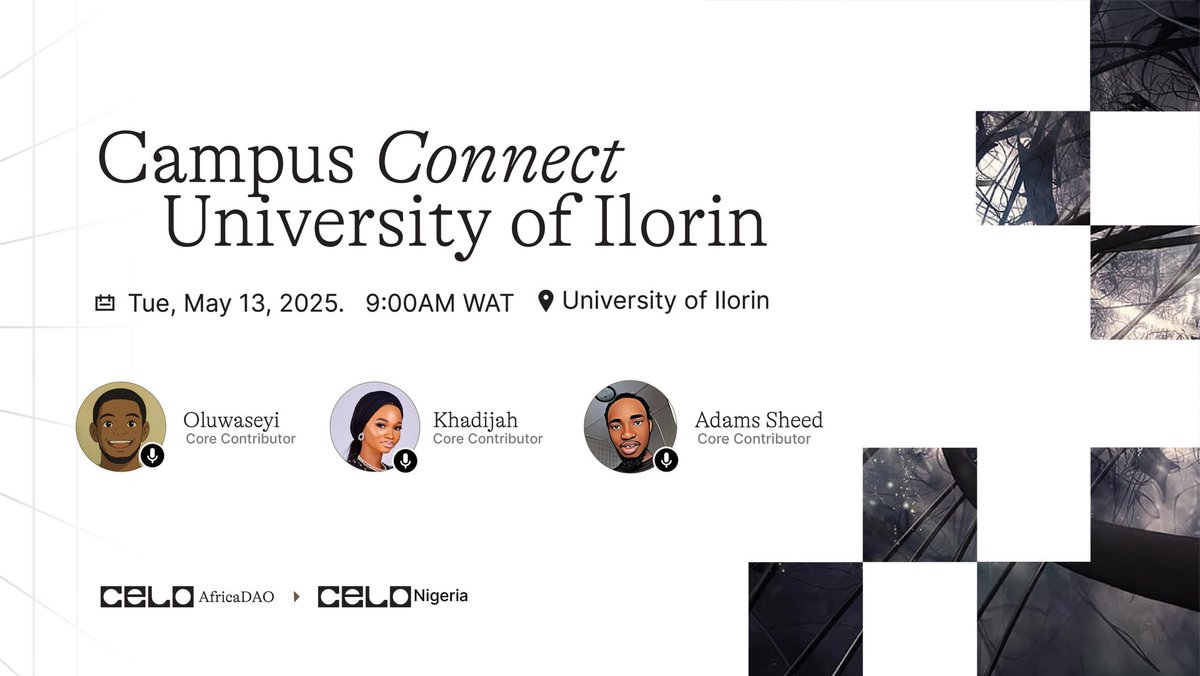 Celo Nigeria 🇳🇬 (@celonigeria) on Twitter photo Join us next Tuesday at the University of Ilorin where we would have an amazing session with the students as we introduce them to <a href="/Celo/">Celo.eth/acc 🦇 🌳</a>
Date: 13th May 2025
Time: 9am WAT
Location: University of Ilorin Join us next Tuesday at the University of Ilorin where we would have an amazing session with the students as we introduce them to <a href="/Celo/">Celo.eth/acc 🦇 🌳</a>
Date: 13th May 2025
Time: 9am WAT
Location: University of Ilorin