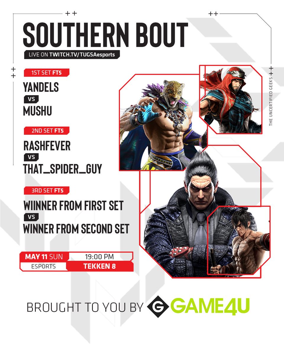 Southern Bout 12!

This Southern Bout is a very special one as it is now brought to you by Game4u!

This week, we are offering a R200 voucher for the winner of this week episode 

Be sure to not miss out on the action on our twitch and good luck to our competitors this Sunday🔥🫱🏾‍🫲🏻