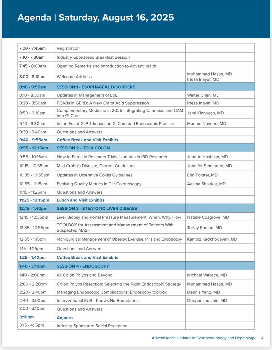 Mariam Naveed, MD (@mn_gimd) on Twitter photo On behalf of course directors <a href="/DrHasan_Orlando/">MK Hasan</a> <a href="/jensemineriomd/">Jennifer Seminerio</a> #DeepanshuJain & yours truly I am thrilled to announce our upcoming <a href="/AdventHealthCFL/">AdventHealth Central Florida</a> conference
⭐️ “Updates in GI & Hepatology”
📍 Saturday, August 16, 2025
👩🏻🏫👨🏻🏫 We have an all-star faculty panel & agenda! ⬇️ On behalf of course directors <a href="/DrHasan_Orlando/">MK Hasan</a> <a href="/jensemineriomd/">Jennifer Seminerio</a> #DeepanshuJain & yours truly I am thrilled to announce our upcoming <a href="/AdventHealthCFL/">AdventHealth Central Florida</a> conference
⭐️ “Updates in GI & Hepatology”
📍 Saturday, August 16, 2025
👩🏻🏫👨🏻🏫 We have an all-star faculty panel & agenda! ⬇️