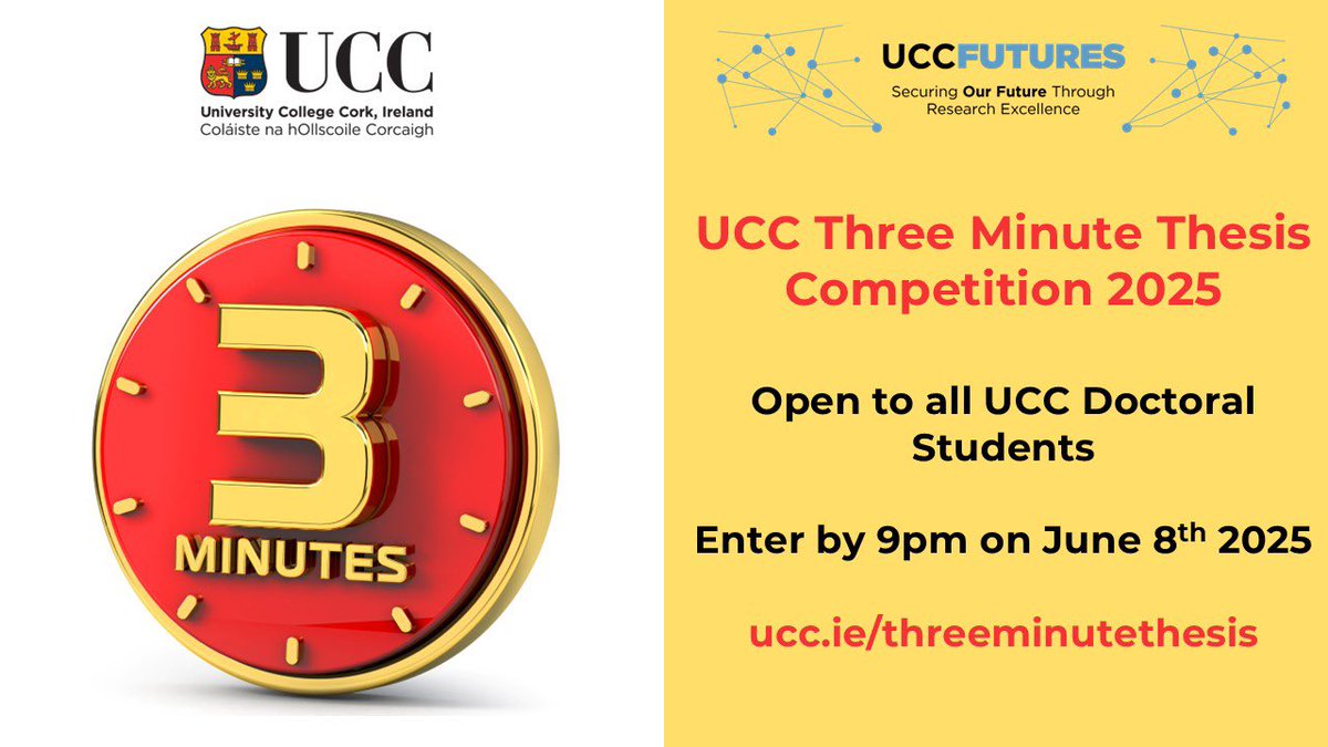 UCC Research (@uccresearch) on Twitter photo Are you a <a href="/UCC/">UCC Ireland</a> doctoral researcher who wishes to develop as a confident research communicator by sharing your research with a diverse audience?
Nominations are now open for the 2025 UCC Three Minute Thesis Competition.
ucc.ie/en/research/th… Are you a <a href="/UCC/">UCC Ireland</a> doctoral researcher who wishes to develop as a confident research communicator by sharing your research with a diverse audience?
Nominations are now open for the 2025 UCC Three Minute Thesis Competition.
ucc.ie/en/research/th…