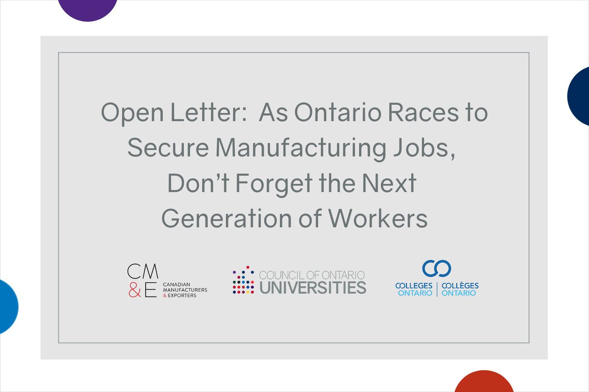 Ontario's Universities (@ontuniv) on Twitter photo “As Ontario faces growing international threats to its economy, addressing manufacturing labour gaps & growing commercialization capacity is more needed than ever.” Read <a href="/CME_Ont/">CME Ontario Division</a>, <a href="/CollegesOntario/">Colleges Ontario</a> & <a href="/OntUniv/">Ontario's Universities</a>’s open letter urging <a href="/ONgov/">Ontario Government</a> to invest in PSE: ontariosuniversities.ca/news/open-lett… “As Ontario faces growing international threats to its economy, addressing manufacturing labour gaps & growing commercialization capacity is more needed than ever.” Read <a href="/CME_Ont/">CME Ontario Division</a>, <a href="/CollegesOntario/">Colleges Ontario</a> & <a href="/OntUniv/">Ontario's Universities</a>’s open letter urging <a href="/ONgov/">Ontario Government</a> to invest in PSE: ontariosuniversities.ca/news/open-lett…