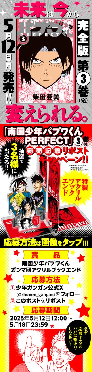 🏝️#南国少年パプワくん PERFECT③🏝️
　　　　発売記念キャンペーン　　
        
　　　　 　ガンマ団伊達衆
　　🎁アクリルブックエンド🎁
　　　が抽選で3名様に当たる！

⭕応募方法
1️⃣<a href="/shonen_gangan/">少年ガンガン</a>をフォロー
2️⃣このポストをRP
⭕応募期間
5/18（日）23:59まで！
