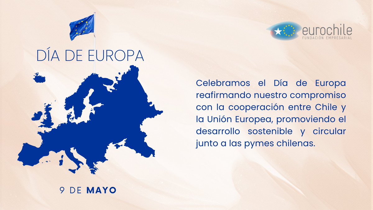 Hoy conmemoramos el #DíadeEuropa, una fecha que celebra la paz, la unidad y la cooperación entre los países del continente. Desde #Eurochile reafirmamos nuestro compromiso con el fortalecimiento de los lazos entre Chile y Europa, promoviendo el desarrollo sostenible y circular.