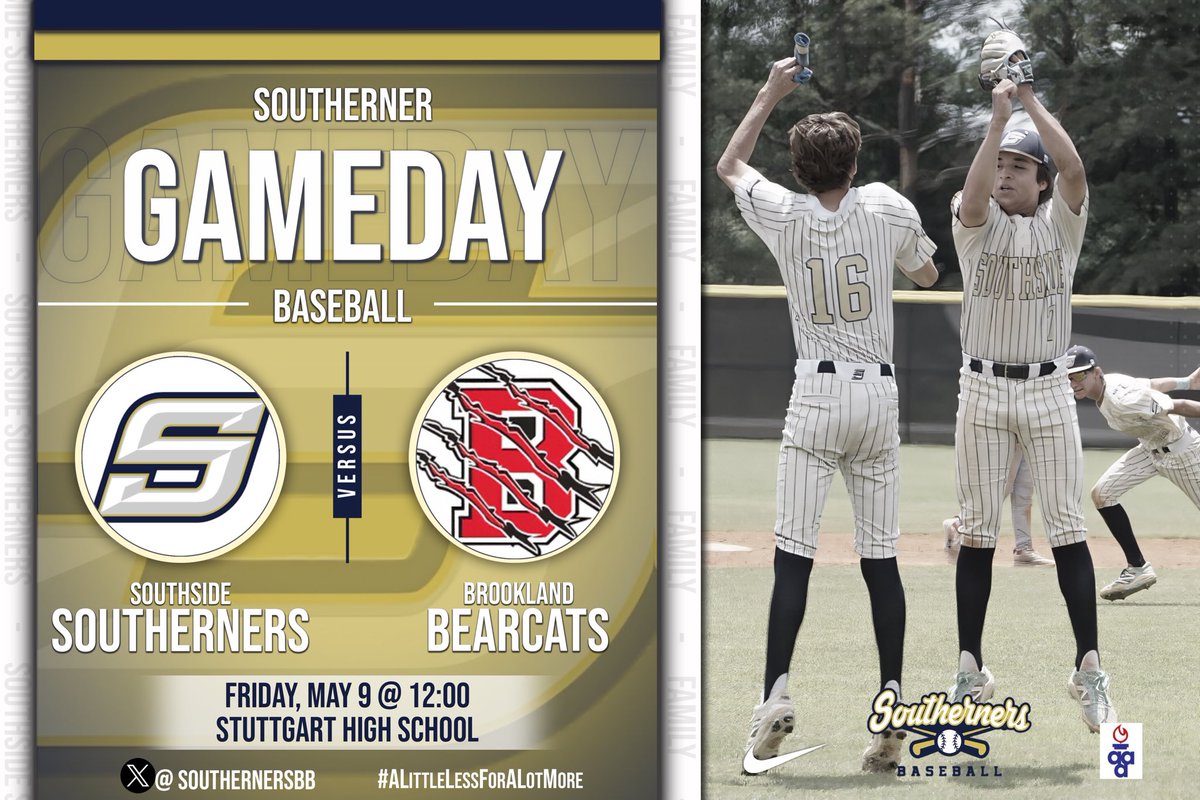 Right back at it with the regional semi-finals. 

📍: Stuttgart High School 

🆚: Brookland Bearcats 

⏰: 12:00pm 

#SouthsideBaseball #ALittleLessForAlotMore