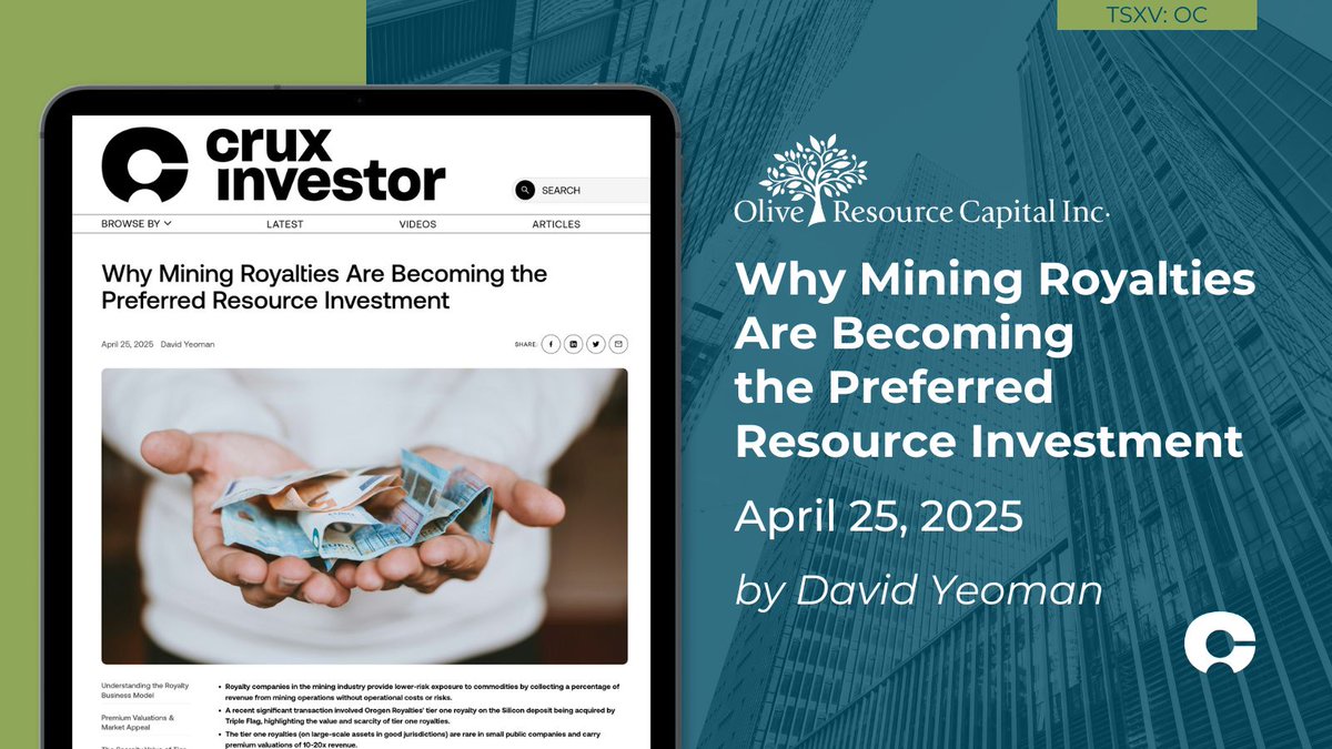 Article by @cruxinvestor 📝 Why Mining Royalties Are Becoming the Preferred Resource Investment
Full article available at this link 🔗 stockmkt.info/3YESkYh
 
🇨🇦 TSXV: $OC.V
#CapitalMarkets #MiningStocks