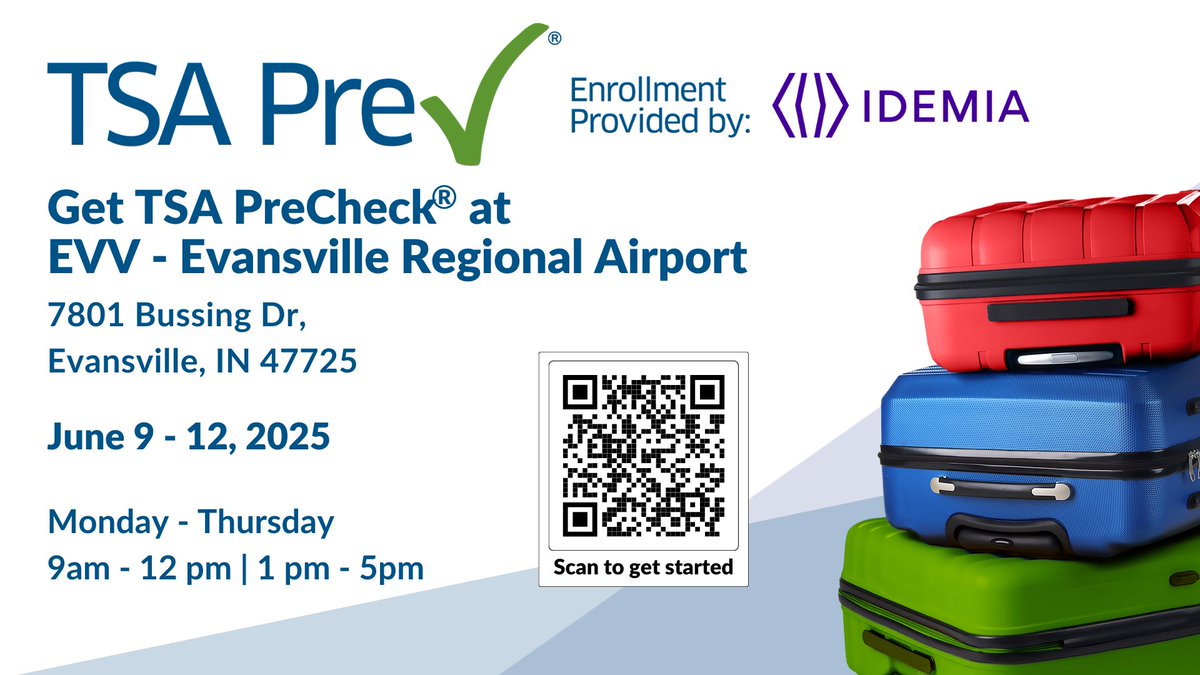 #NEWS — Back by popular demand! ✅

EVV is hosting a TSA PreCheck® Enrollment Event next month June 9-12. The process is easy, and the appointments only take about 15 minutes. 

» Applications are currently being accepted, and appointments can be made 
tsaenrollmentbyidemia.tsa.dhs.gov/programs/prech….