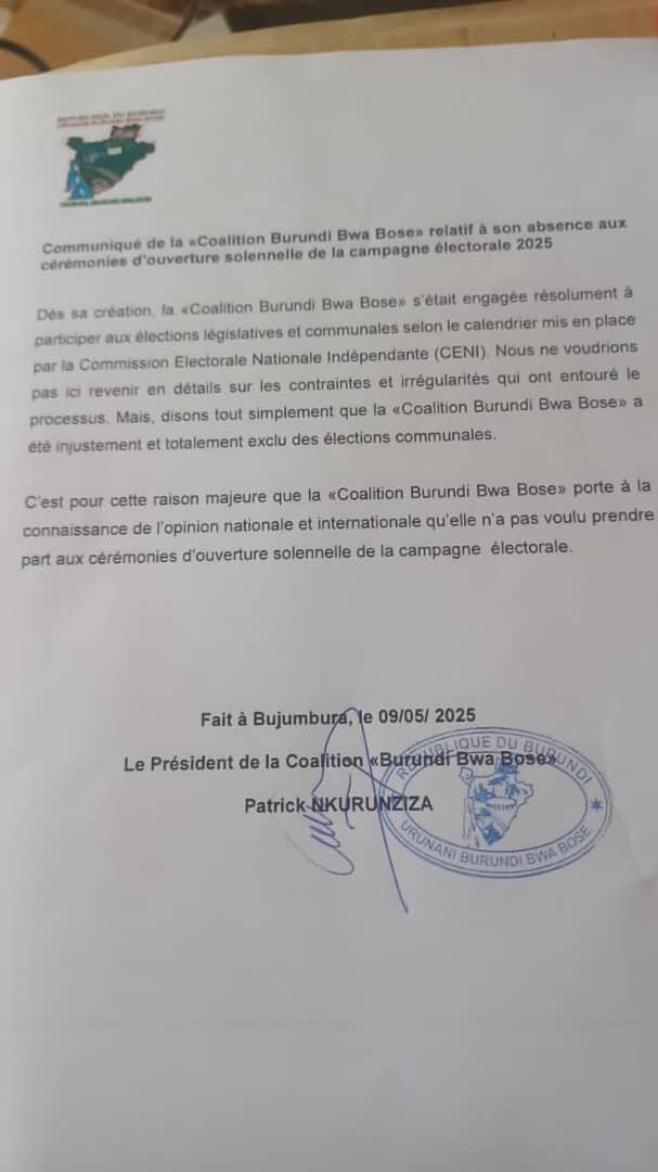 La coalition Burundi Bwa Bose n'a pas  participé aux cérémonies de lancement de la campagne électorale car ses candidats conseillers communaux qui devraient défiler ont été tous exclus injustement. De plus, il n'y a pas de carburant pour le déplacement des candidats députés.