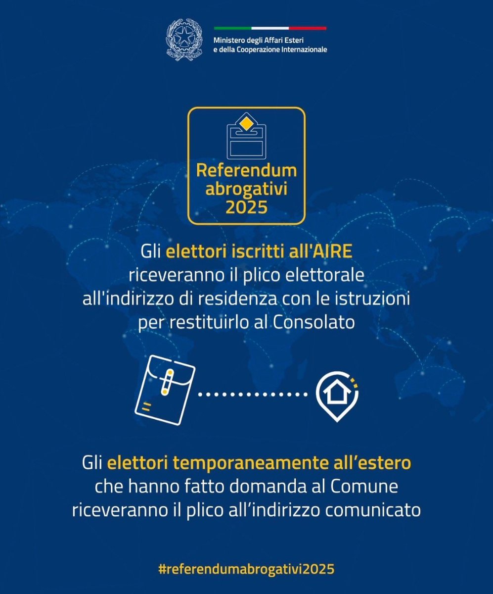 🗳️#Referendumabrogativi2025 
Gli elettori AIRE riceveranno il plico all'indirizzo di residenza con istruzioni per restituirlo all’Ambasciata. Gli elettori temporaneamente all’estero che hanno fatto domanda al proprio Comune entro il 7/5 lo riceveranno all’indirizzo comunicato.