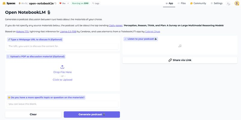 m_ric (@aymericroucher) on Twitter photo I've made an open and free version of Google's NotebookLM, and it shows how high the open source tech task has risen! 💪
The app's workflow is simple. Given a source PDF or URL, it extracts the content from it, then tasks <a href="/AIatMeta/">AI at Meta</a>'s Llama 3.3-70B, with writing the podcast I've made an open and free version of Google's NotebookLM, and it shows how high the open source tech task has risen! 💪
The app's workflow is simple. Given a source PDF or URL, it extracts the content from it, then tasks <a href="/AIatMeta/">AI at Meta</a>'s Llama 3.3-70B, with writing the podcast