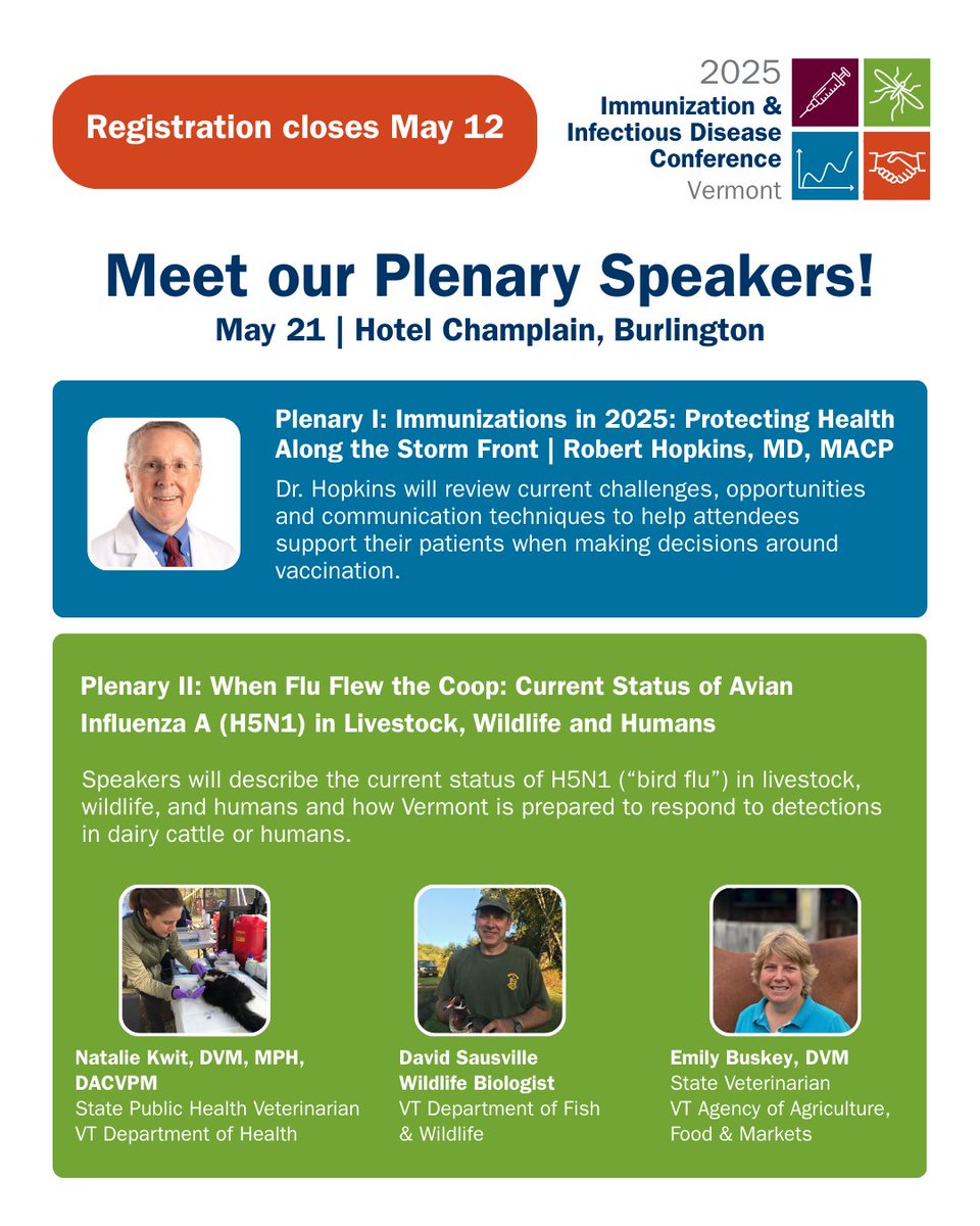 We're so excited about all of our amazing speakers at this year's Immunization and Infectious Disease Conference on May 21 in Burlington #BTV. It’s not too late to register! Registration closes on Monday, May 12. Grab your spot today!

HealthVermont.gov/IZIDConference