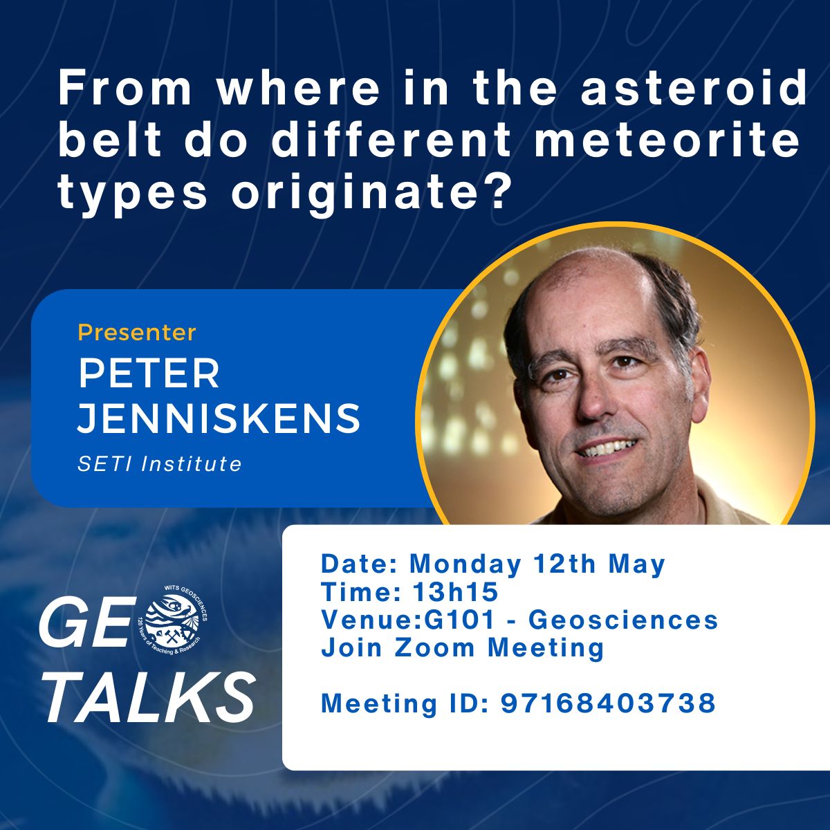 This coming Monday, we’re excited to host Dr Peter Jenniskens from the SETI Institute. Speaking on “From where in the asteroid belt do different meteorite types originate?”Please join us for what promises to be a fascinating talk!

#witsgeoscience #wits #southafrica #johannesburg
