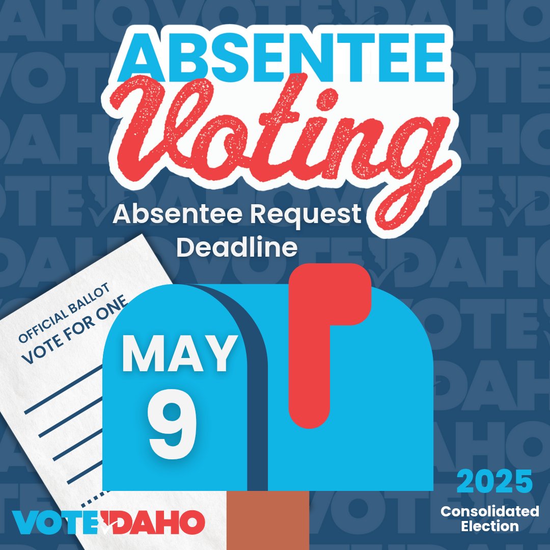TODAY is the last chance to request an absentee ballot for the upcoming May 20th Consolidated Election. Visit VoteIdaho.gov to request a ballot by 5pm today.