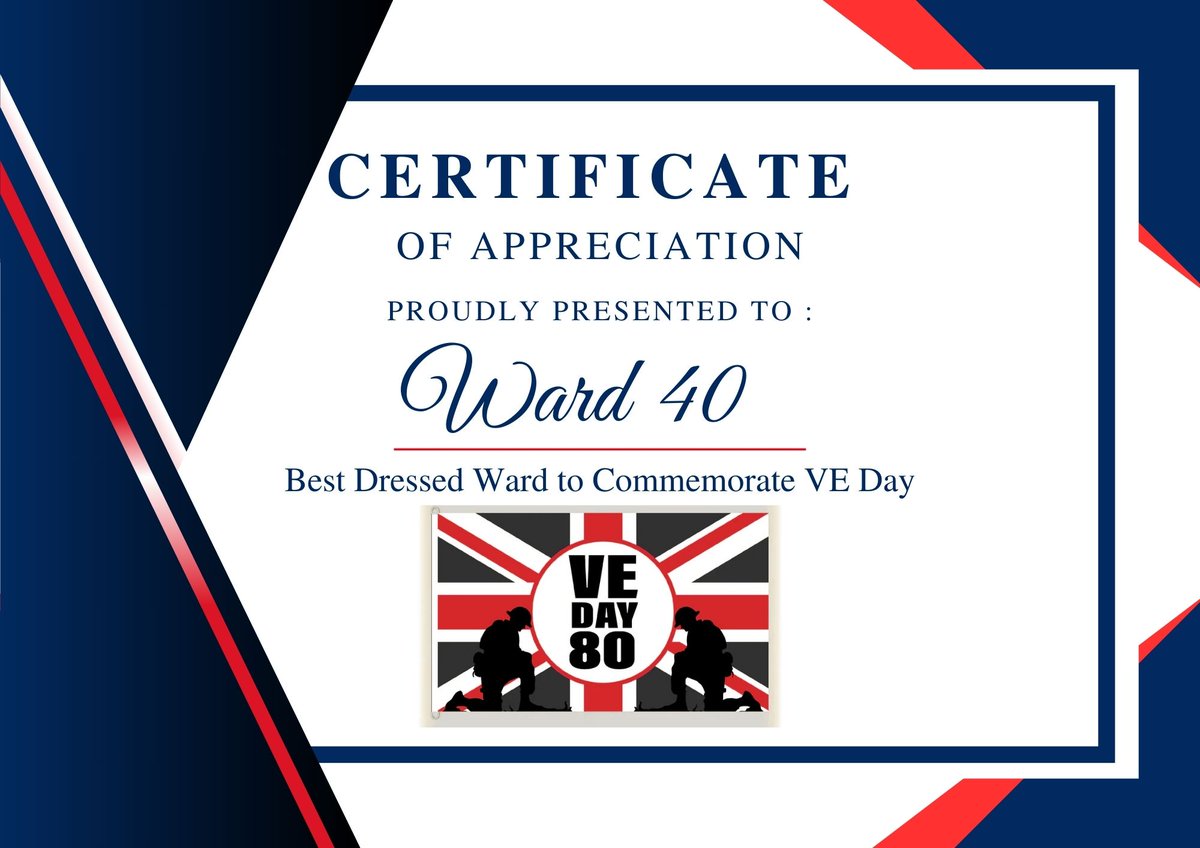 The Patient Experience Team (@tgicftptexp) on Twitter photo 🎉🎉Congratulations to Ward 40 and Ward 31 for the best dressed ward to commemorate VE Day.🎉🎉
Thanks to all areas that participated and put up amazing displays. #VEDay80
<a href="/SusieR1/">Sue💙</a> <a href="/jacqui_burrow/">Jacqui Burrow</a> <a href="/VickT75/">Victoria Thorne</a> <a href="/MedicineTGIC/">Anouska Borowiak</a> <a href="/yin_yan1/">Anya🐝💛🖤</a> <a href="/LauraBattersby5/">Laura Whatley</a> <a href="/tandgicft/">T&G Integrated Care</a> <a href="/NHSVeteranAware/">NHS Veteran Aware</a> 🎉🎉Congratulations to Ward 40 and Ward 31 for the best dressed ward to commemorate VE Day.🎉🎉
Thanks to all areas that participated and put up amazing displays. #VEDay80
<a href="/SusieR1/">Sue💙</a> <a href="/jacqui_burrow/">Jacqui Burrow</a> <a href="/VickT75/">Victoria Thorne</a> <a href="/MedicineTGIC/">Anouska Borowiak</a> <a href="/yin_yan1/">Anya🐝💛🖤</a> <a href="/LauraBattersby5/">Laura Whatley</a> <a href="/tandgicft/">T&G Integrated Care</a> <a href="/NHSVeteranAware/">NHS Veteran Aware</a>