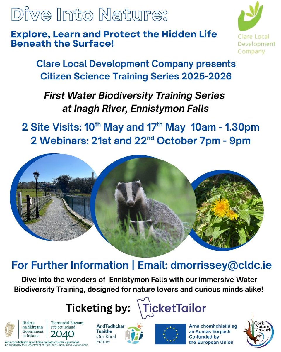 Would you like to learn about Water biodiversity? Are you based in Co Clare?

Free Citizen science training provided by Clare Local Development Company.

Please see attached poster and booking link here
scanner.topsec.com/?d=1368&r=show…