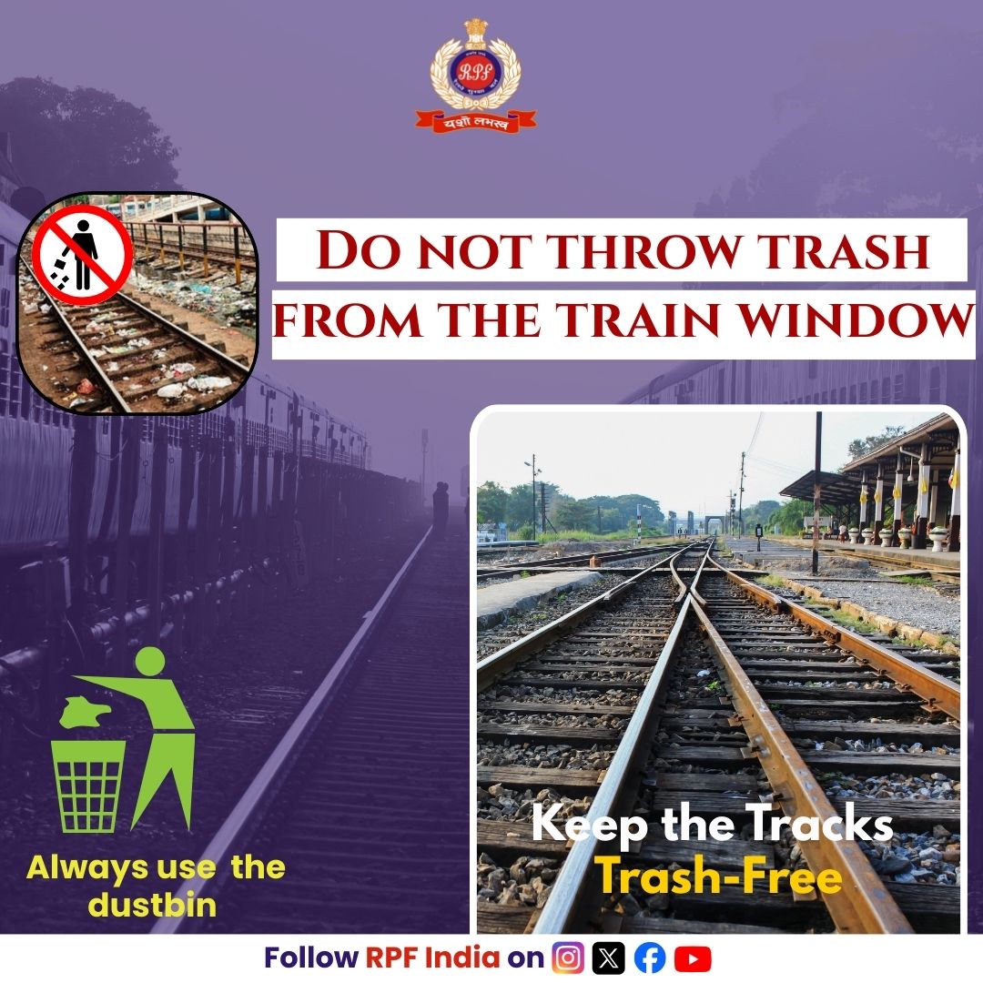 RPF_INDIA's tweet photo. Don’t toss waste from train windows!
Protect nature, keep our tracks clean.
Use bins, not the tracks - Be a responsible traveller.
#SwachhRailSwachhBharat #CleanTracks #ResponsibleTraveller https://t.co/6KKRQzfqAT