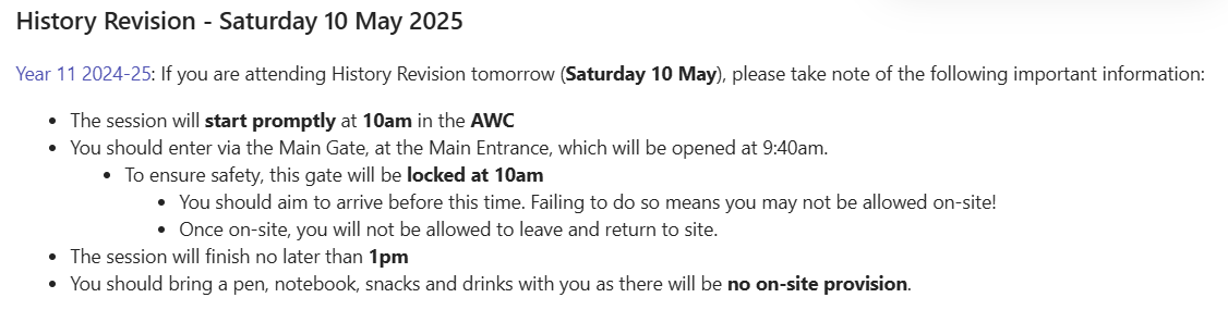 Hall Mead History (@hallmeadhistory) on Twitter photo Y11: If you are attending History Revision tomorrow (Saturday 10 May 25), please be aware of the following information: <a href="/hallmead/">Hall Mead School</a> Y11: If you are attending History Revision tomorrow (Saturday 10 May 25), please be aware of the following information: <a href="/hallmead/">Hall Mead School</a>