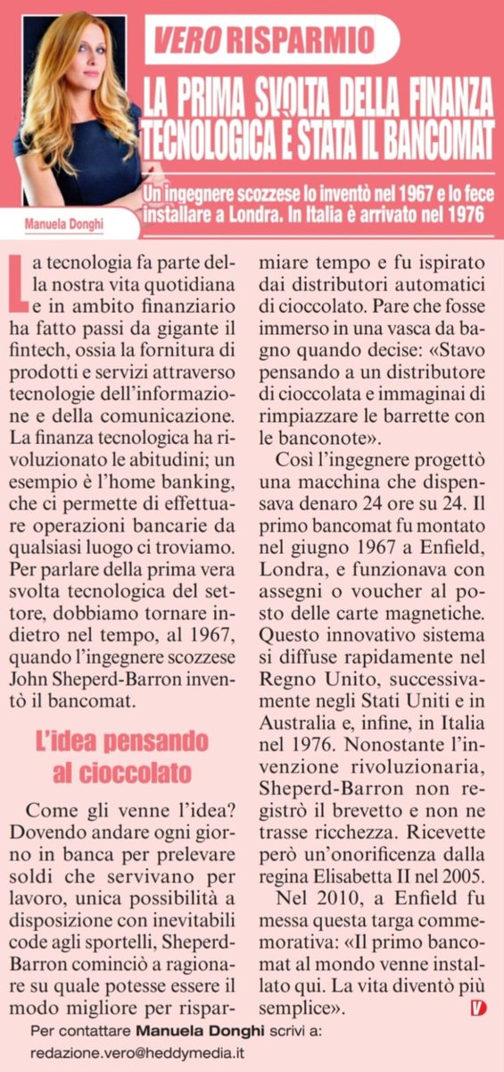 📰 Questa settimana sul settimanale VERO, nella mia rubrica VERO RISPARMIO, scrivo dell'invenzione del BANCOMAT...

❓️Prelevare soldi fa parte della nostra quotidianità. Ma conoscete la storia? Chi l'ha inventato?

Trovate il nuovo numero in edicola!
#economia 
<a href="/francesca_caon/">Francesca Caon</a>