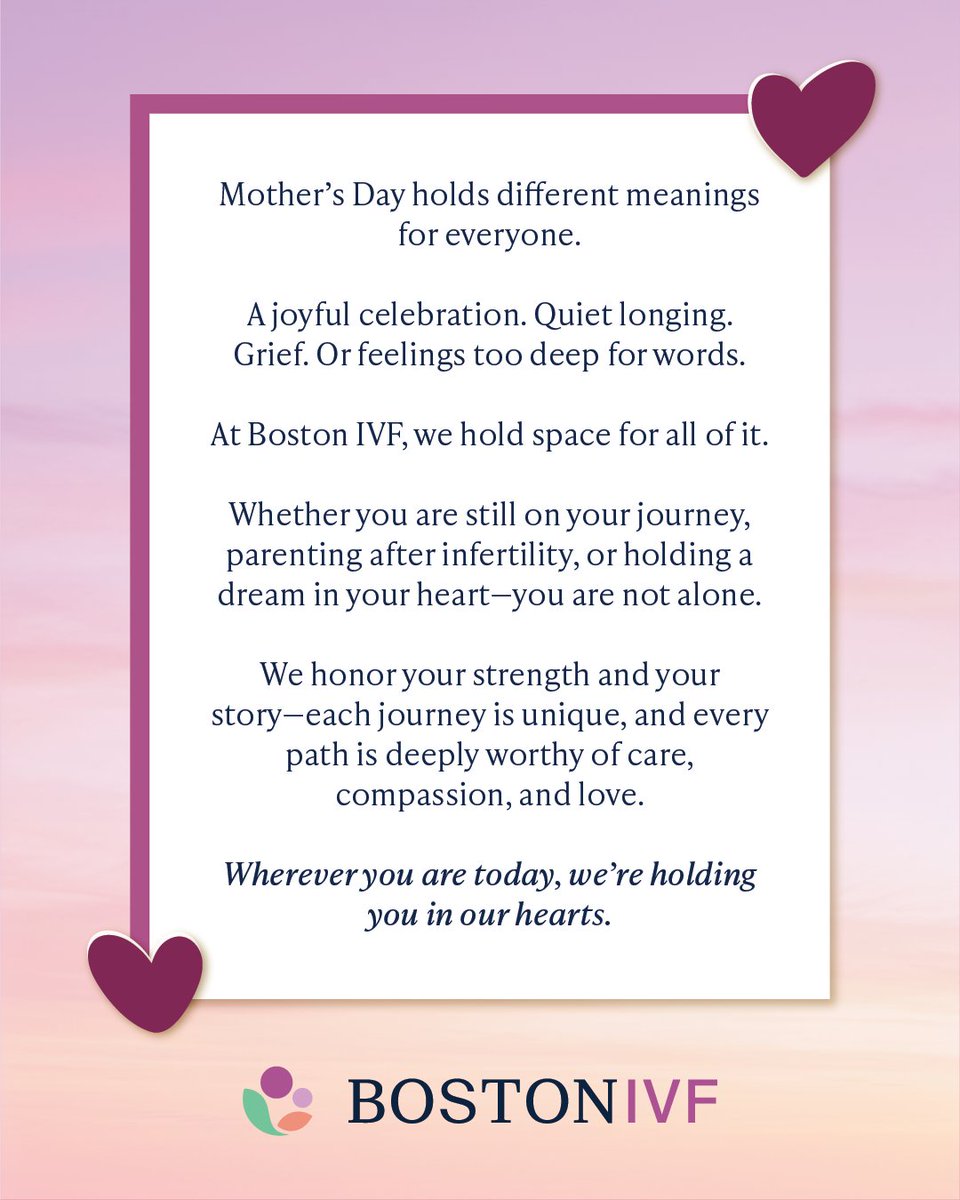 At Boston IVF, every mother is celebrated. We're dedicated to standing by you through each stage of your path to motherhood. Whether it's Mother's Day or any other day, always hold onto the truth: you are deserving of this affection.💖🌸