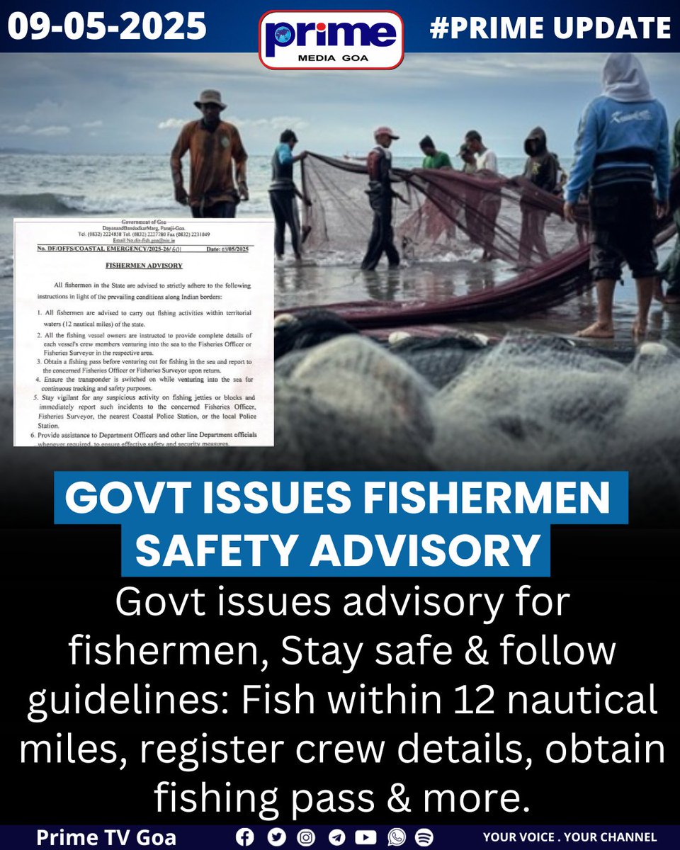 PrimeTVGoa's tweet image. Govt Issues Fishermen Safety Advisory

#FishermenAdvisory #GoaFishermen #SafetyGuidelines #FishingPass #StaySafe #GoaGovt