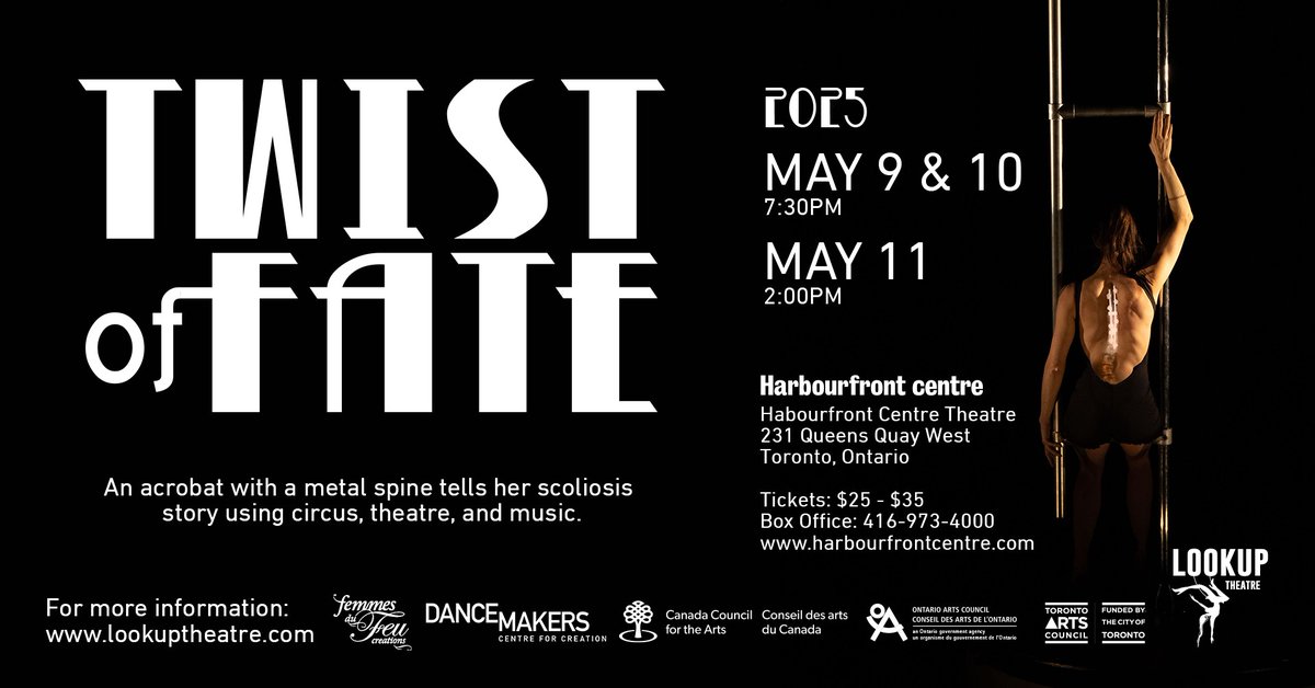 U of T Department of Surgery (@uoftsurgery) on Twitter photo Check this out: LookUp Theatre show about a circus artist with Scoliosis, treated with Harrington rods. 'Twist Of Fate' showing at Toronto's Harbourfront Centre Theatre; a chance to witness the power of human spirit unfold on stage. Info & tickets at harbourfrontcentre.com/event/twist-of… Check this out: LookUp Theatre show about a circus artist with Scoliosis, treated with Harrington rods. 'Twist Of Fate' showing at Toronto's Harbourfront Centre Theatre; a chance to witness the power of human spirit unfold on stage. Info & tickets at harbourfrontcentre.com/event/twist-of…