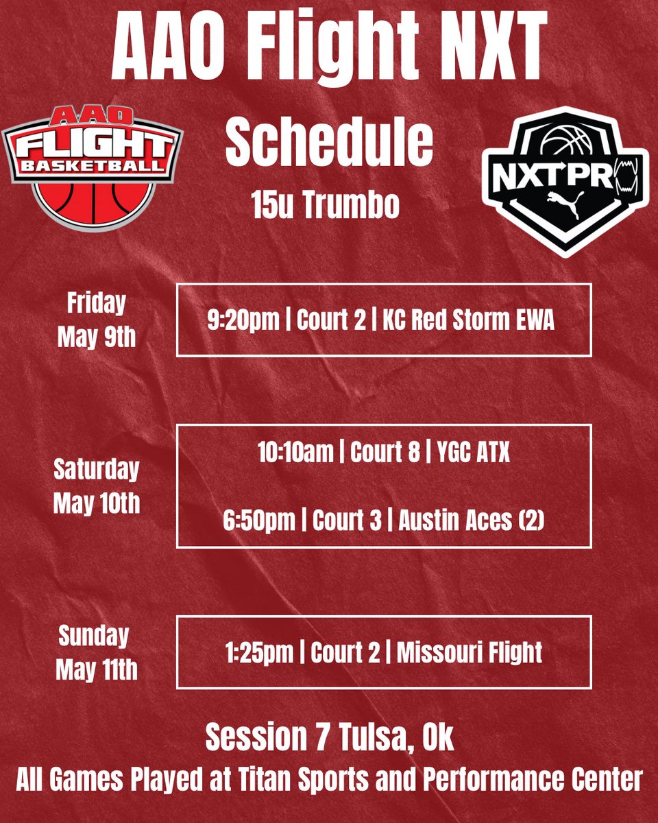 Back at it!

15u and 16u NXT teams head to Tulsa this weekend for Session 7 of <a href="/NxtProHoops/">NXTPRO Hoops</a>!

#FlyWithUs ✈️