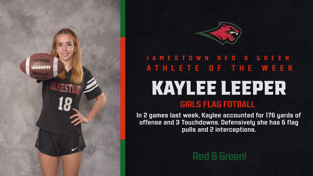 Jamestown Red & Green (@jhsredgreen) on Twitter photo Congratulations to the JHS Athlete of the Week: Kaylee Leeper (girls flag football)!
<a href="/JamestownSchool/">Jamestown Public Schools</a> Congratulations to the JHS Athlete of the Week: Kaylee Leeper (girls flag football)!
<a href="/JamestownSchool/">Jamestown Public Schools</a>