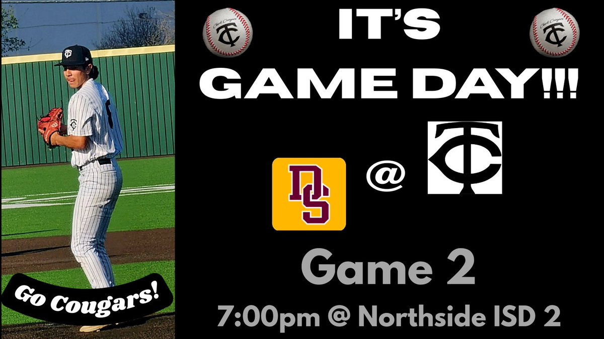 🔔Clark, TX Gameday Alert 🔔 

Area Playoff Round continues this evening!

Cougars host Dripping Springs in the best of 3 series at 7:00 PM at NS #2

Cougars lead the series 1-0 after last nights win. 

Let's go Cougars ⚾️🐾

#EarnIt
#playoffs