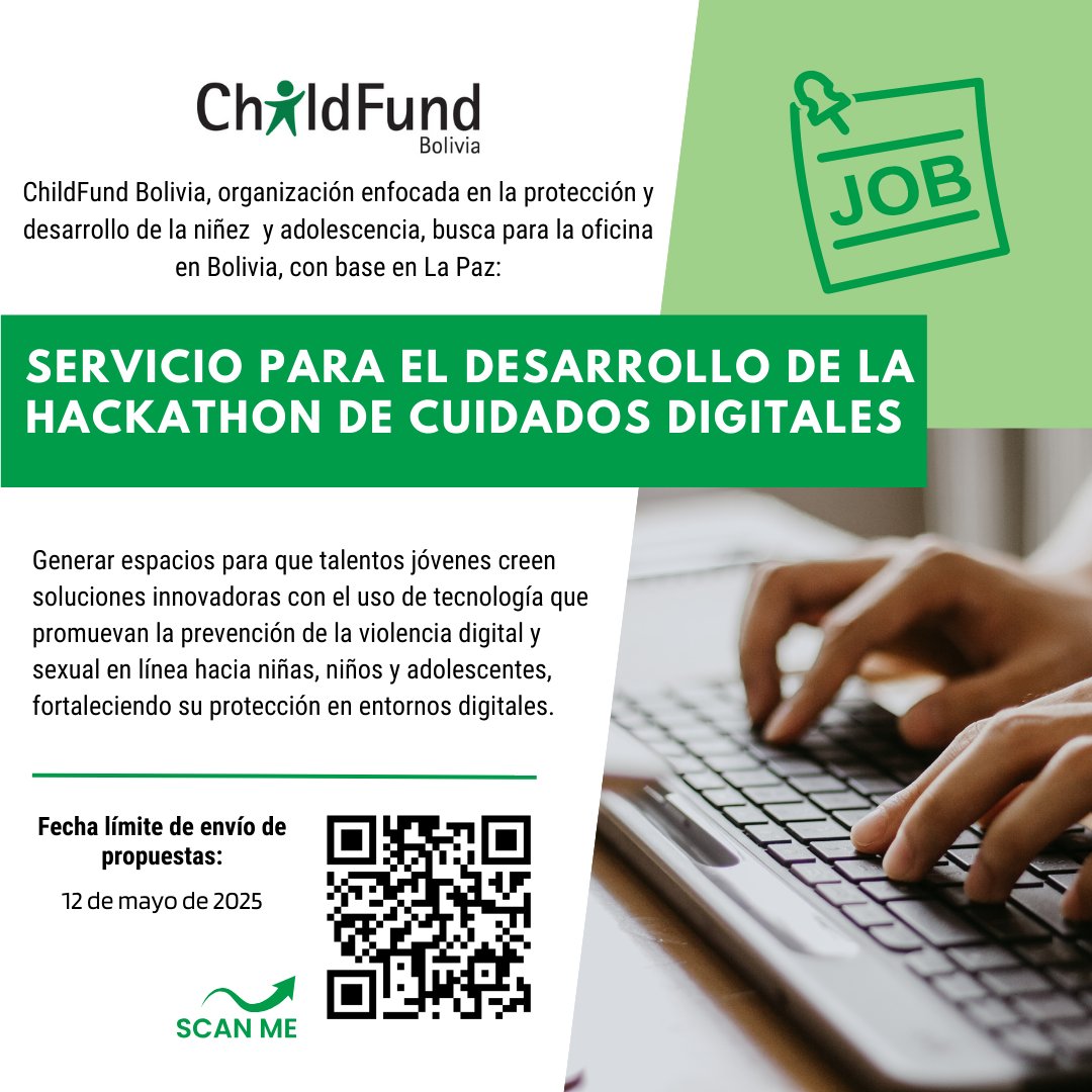 ChildFund Bolivia (@childfundbo) on Twitter photo #convocatoriabolivia
Para más información, escanea el QR en el arte o sigue el enlace: forms.gle/zfMjQtHvZtbh1L…
📆Plazo de envío de propuestas: 12 de mayo del 2025
Envío de propuestas a: comprasbolivia@childfund.org #convocatoriabolivia
Para más información, escanea el QR en el arte o sigue el enlace: forms.gle/zfMjQtHvZtbh1L…
📆Plazo de envío de propuestas: 12 de mayo del 2025
Envío de propuestas a: comprasbolivia@childfund.org