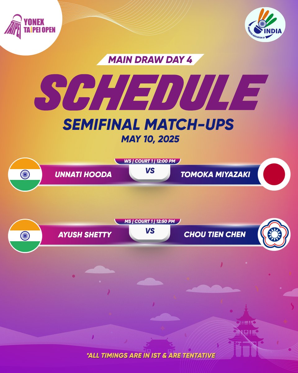 Semifinals-Bound! 🇮🇳

India's young guns Unnati Hooda and Ayush Shetty will be gunning for the finals when they take on the women's and men's singles top seeds, respectively, in the <a href="/bwfmedia/">BWF</a> Yonex Taipei Open 2025 semis! 

Two mouth-watering clashes to come! 

#AyushShetty