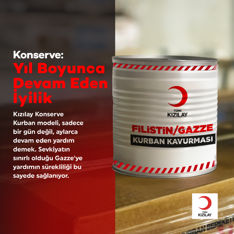 Kizilay's tweet photo. Kurbanınız Gazze’ye nasıl umut oluyor, biliyor musunuz?🌙 🐏

Kurban vekaletleriniz, Kızılay tarafından özenle yerine getirilerek konserveleniyor ve yıl boyunca Gazze’deki ihtiyaç sahiplerine ulaştırılmak için hazır hale geliyor. 🤍 #HilâlOlsun