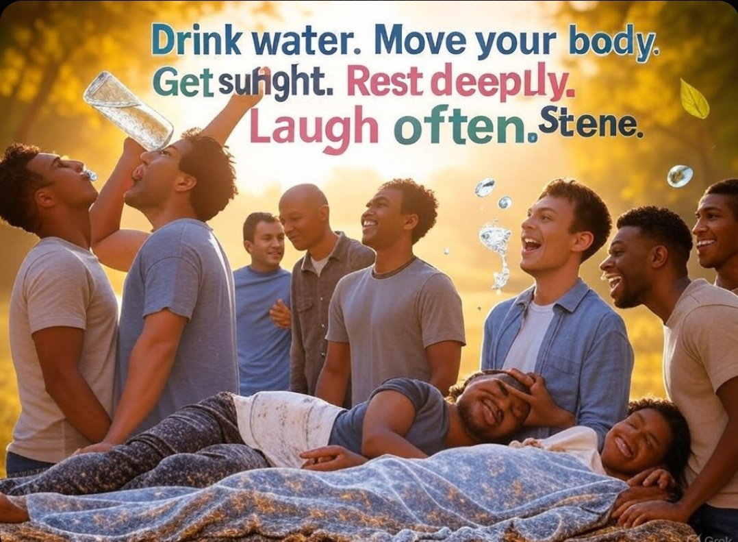 Drink water. Move your body. Get sunlight. Rest deeply. Laugh often.