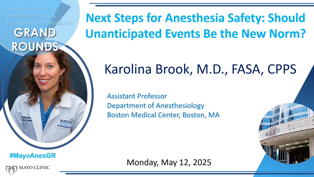 Mayo Clinic Department of Anesthesiology (@mayoanesthesia) on Twitter photo We are looking forward to hosting Dr. Karolina Brook as our upcoming Grand Rounds visiting professor. She will present "Next Steps for Anesthesia Safety: Should Unanticipated Events Be the New Norm?"
#ptsafety #MayoAnesGR
<a href="/JuanGRipoll1/">Juan G. Ripoll, MD</a> <a href="/mollymhherr/">Molly Herr</a> @mayoanesres We are looking forward to hosting Dr. Karolina Brook as our upcoming Grand Rounds visiting professor. She will present "Next Steps for Anesthesia Safety: Should Unanticipated Events Be the New Norm?"
#ptsafety #MayoAnesGR
<a href="/JuanGRipoll1/">Juan G. Ripoll, MD</a> <a href="/mollymhherr/">Molly Herr</a> @mayoanesres