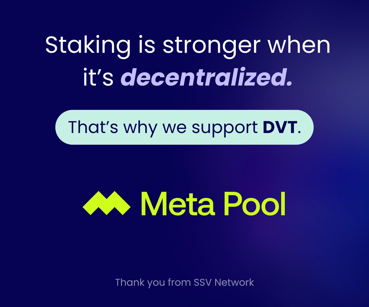 Meta Pool (@meta_pool) on Twitter photo Decentralized staking is a collective mission — and we’re proud to be part of it.
Supporting DVT means supporting Ethereum’s resilience, one validator at a time.
💪 Congratulations to <a href="/ssv_network/">SSV Network</a> for achieving 100,000 active validators!
#SSV100k Decentralized staking is a collective mission — and we’re proud to be part of it.
Supporting DVT means supporting Ethereum’s resilience, one validator at a time.
💪 Congratulations to <a href="/ssv_network/">SSV Network</a> for achieving 100,000 active validators!
#SSV100k