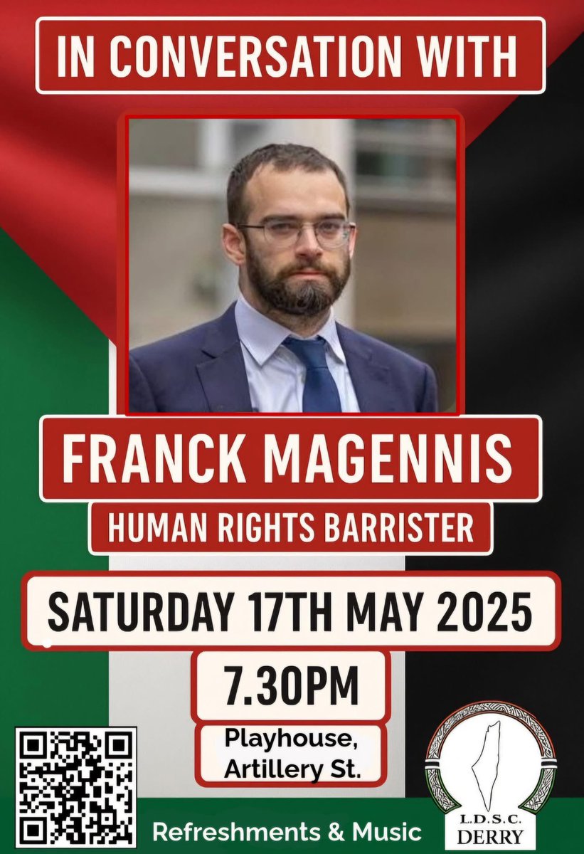 🇵🇸 We are excited to announce that we will be hosting an evening of conversation with leading barrister .<a href="/FranckMagennis/">Franck Magennis 🍉</a> to talk about his work, activism &amp; his advocacy for #Palestine 

Save the date ➡️ Saturday 17th May 7.30pm, The Playhouse, Derry.
Tickets available from the
