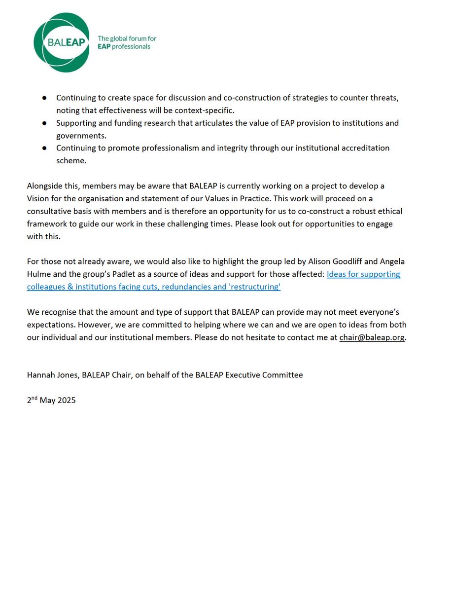 BALEAP expresses dismay at recent news of threats to centres and lecturers in English for Academic Purposes across the UK ✂️ See below for full statement and commitments from their executive commitee 📣
  
<a href="/baleap/">BALEAP</a> <a href="/TeflUnion/">TEFL Workers' Union</a> <a href="/ucu/">UCU</a>