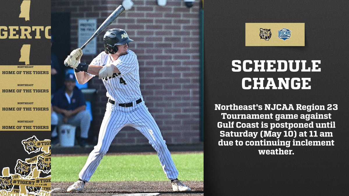 Northeast Tigers (@nemcctigers) on Twitter photo BSB | UPDATE: <a href="/NEMCCBASEBALL/">Northeast Baseball</a>’s region tournament game against Gulf Coast is postponed due to continuing inclement weather.
The tourney will resume tomorrow (Saturday, May 10) with first pitch at 11 am. The game will still air LIVE on NEMCCTV.com/blackchannel!
🐯 #TigerTown BSB | UPDATE: <a href="/NEMCCBASEBALL/">Northeast Baseball</a>’s region tournament game against Gulf Coast is postponed due to continuing inclement weather.
The tourney will resume tomorrow (Saturday, May 10) with first pitch at 11 am. The game will still air LIVE on NEMCCTV.com/blackchannel!
🐯 #TigerTown