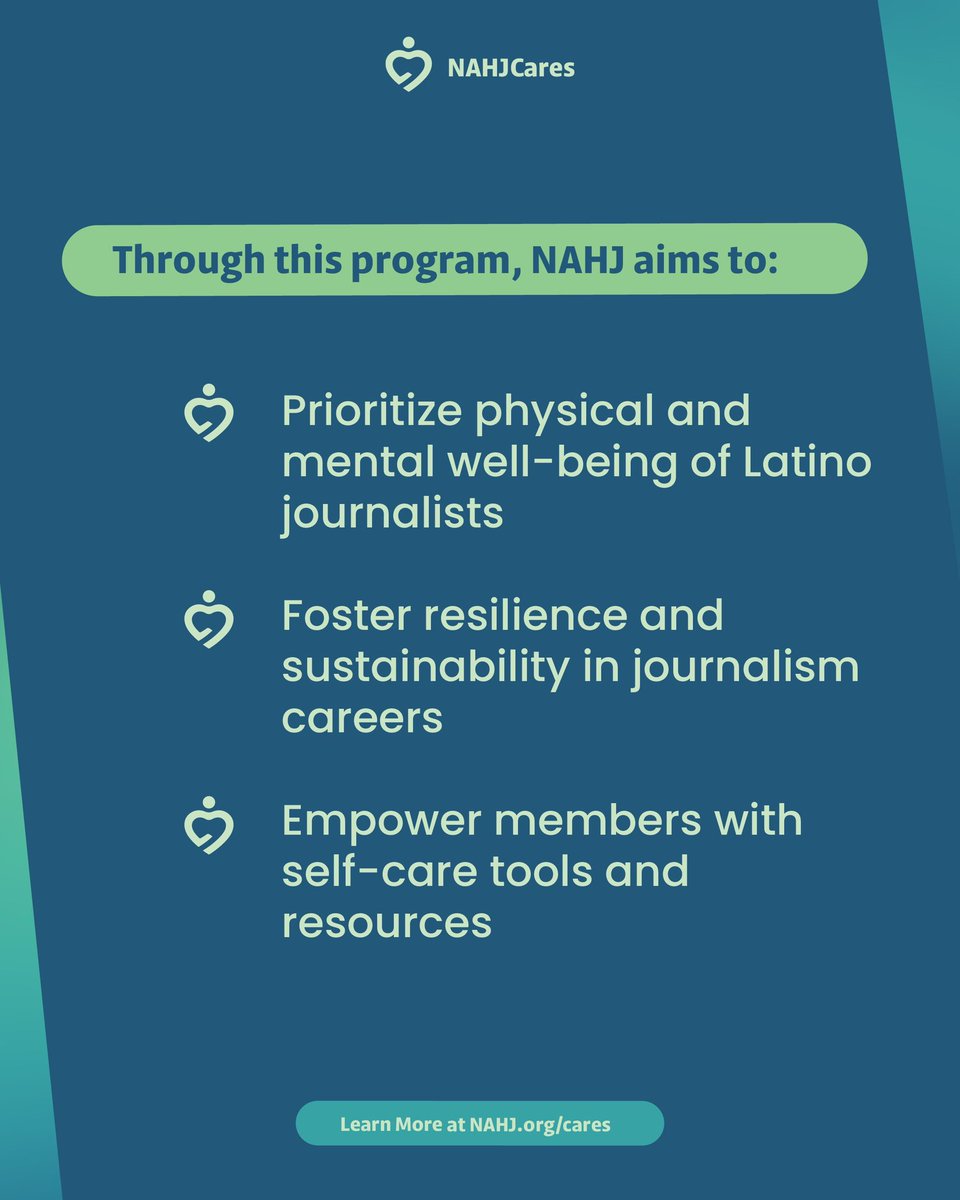 NAHJ's tweet image. Introducing #NAHJCares 🌟 This new health & wellness initiative aims to empower Latino journalists to prioritize their well-being—physically, mentally, and emotionally through thoughtful programming and community-driven efforts.
Learn more ➡️ nahj.org/cares/