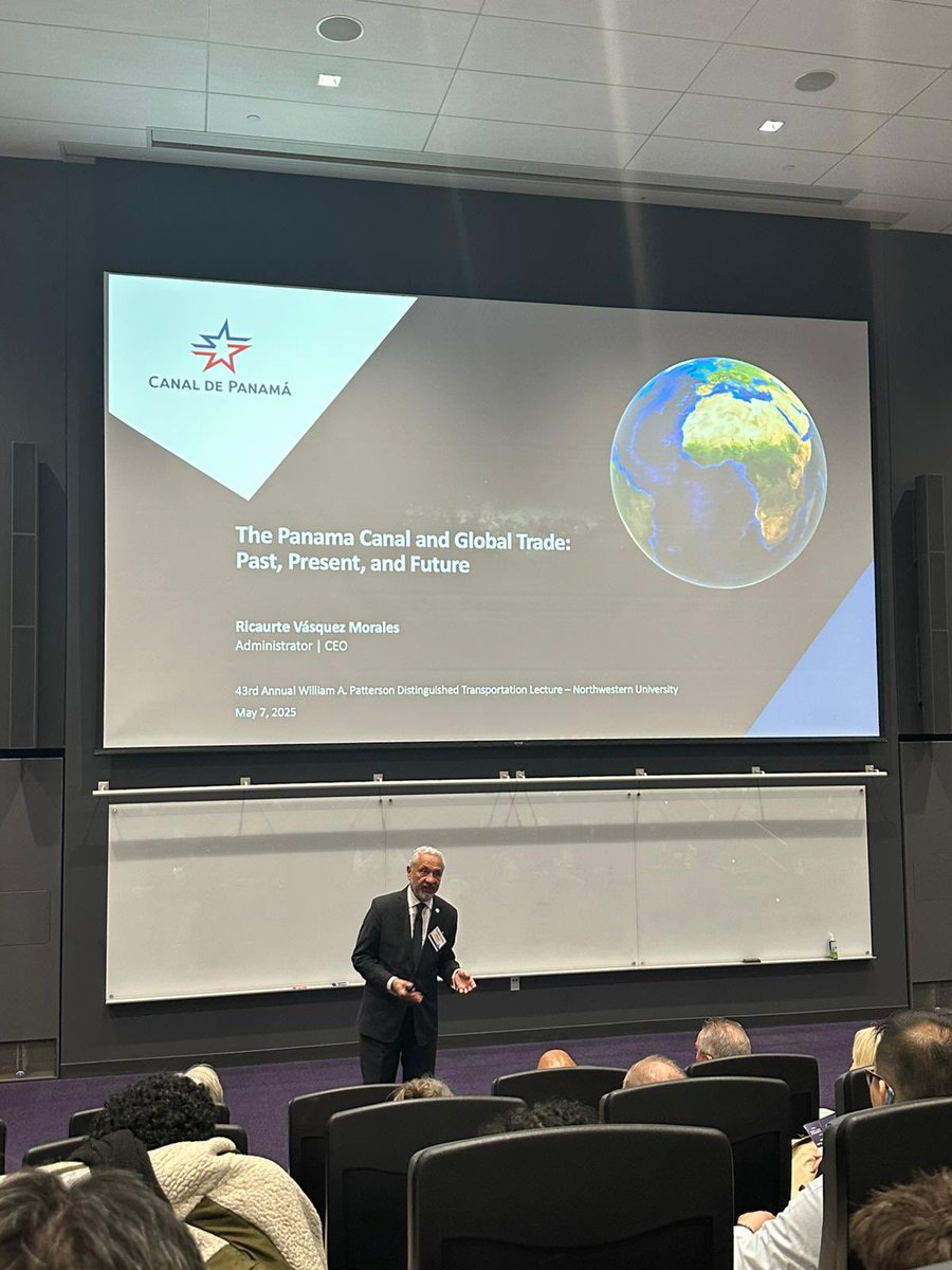 thepanamacanal's tweet image. The Panama Canal enables global trade by shortening routes by up to 8,000 nautical miles and connecting 1,920 ports. At @InfoNUTC, Dr. Ricaurte Vásquez highlighted how innovation and strategy sustain the Canal’s contribution to 6% of maritime trade. @NorthwesternU #Patterson2025…