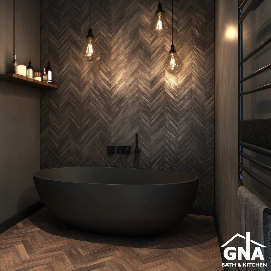 GnabathK's tweet photo. Moody vibes hit hard in powder rooms, but now that color-drenched drama is making waves in primary baths. Think boutique hotel meets members club—rich tones, bold choices, total vibe. 🛁✨ #BathroomGoals #MoodyVibes #BathroomTrends https://t.co/tAzwLoYw5G