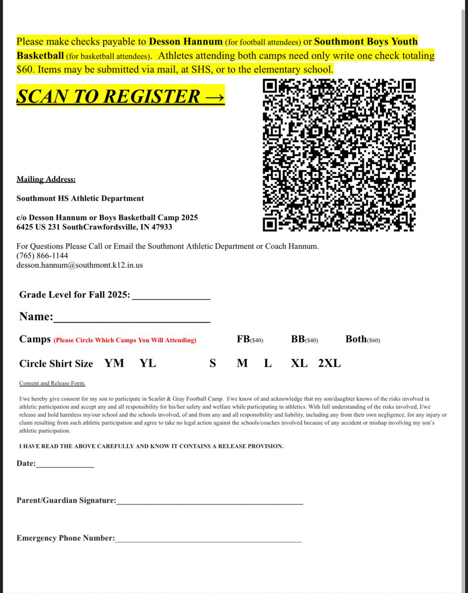 Registration is now open for the 2025 Scarlet and Gray Youth Football and basketball camps! See the attached form or click the link below to register! Grades 1-8 welcome!

docs.google.com/forms/d/10k_Hq…