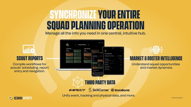 Understand how we work!

At Gemini, we help teams work more efficiently by bringing everything together, from scouting reports to data, so squad planning runs smoothly, with all the intel you need in one place. 🚀 🚀 

Our approach is straightforward:

Connect your data - event,