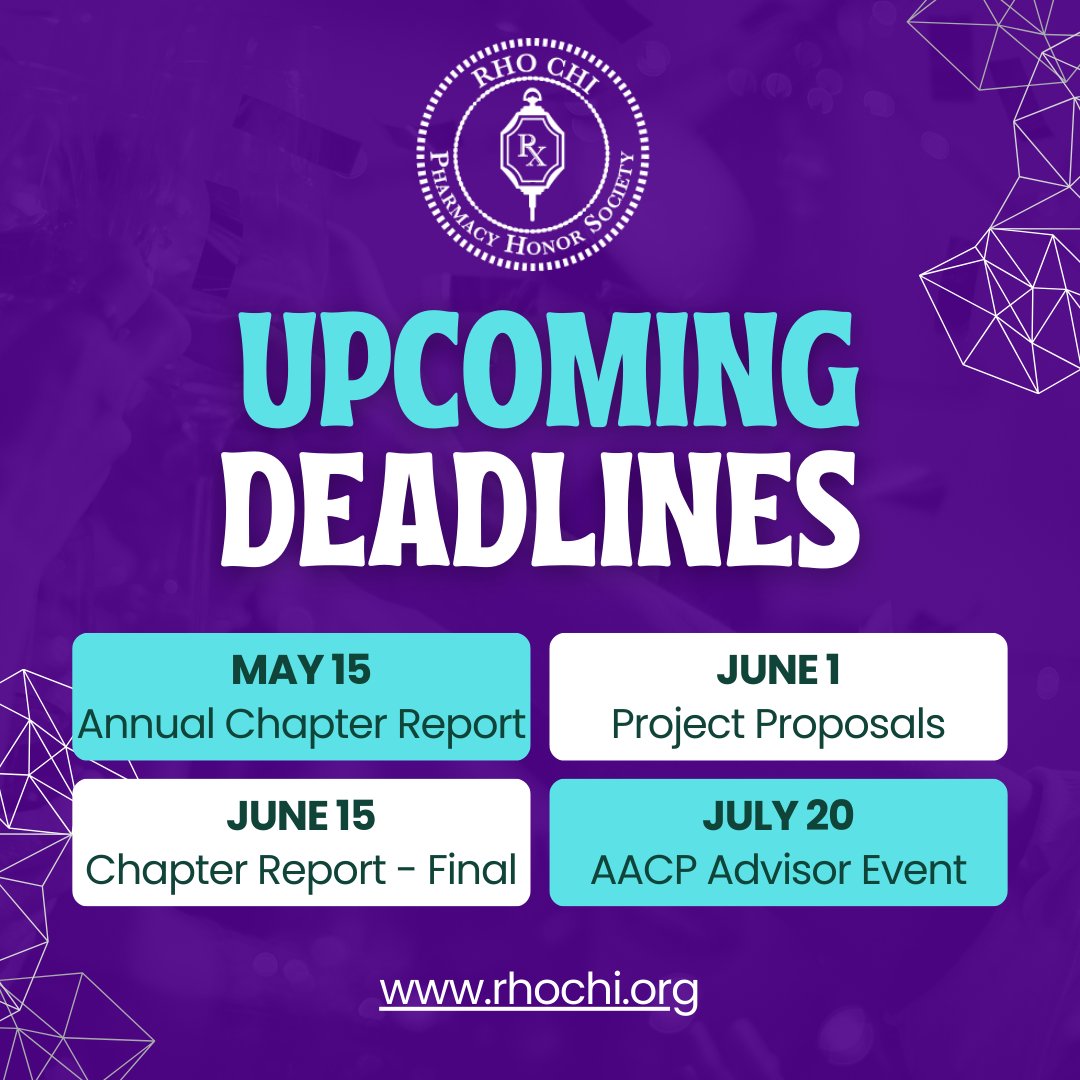 📣Attention Rho Chi Members! 📣
Mark your calendars with these important upcoming deadlines:
🗓️ May 15th: Annual Chapter Reports
🗓️ June 1st: Project Proposals Summer Deadline. 
🗓️ June 15th: Final Deadline for Annual Chapter Reports.