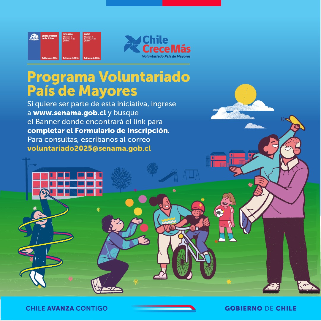 Si eres persona mayor y te gusta enseñar, no te pierdas esta oportunidad. Participa del Voluntariado País de Mayores impulsado por SENAMA y la Subsecretaría de la Niñez.  Inscríbete en senama.gob.cl