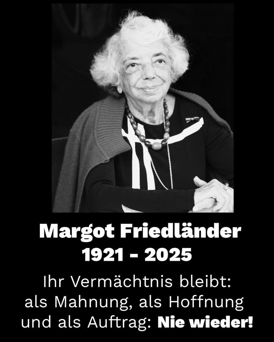 „Hass ist mir fremd“
Dieser Satz war das Credo von Margot Friedländer. Darin liegt der Geist der Versöhnung und die ausgestreckte Hand einer Frau, die alle Angehörigen von den Deutschen ermordet bekommen hat. 
Möge Margot Friedländer die Erde leicht sein!