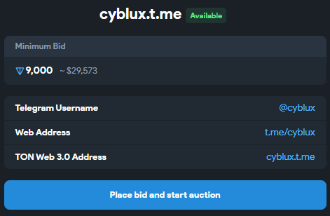 NFT_Publisher's tweet photo. Unique Telegram NFT Username for Sale!
Username: cyblux
Listed securely on Fragment
Instant transfer after purchase – safe and verified!
https://t.co/7kTkv3hnhv

#UsernameForSale 
#NFTUsername  #TelegramNFT #FragmentUsername  #UsernameMarket #SellUsername #UsernameNFT https://t.co/Qx6kxlJtE8