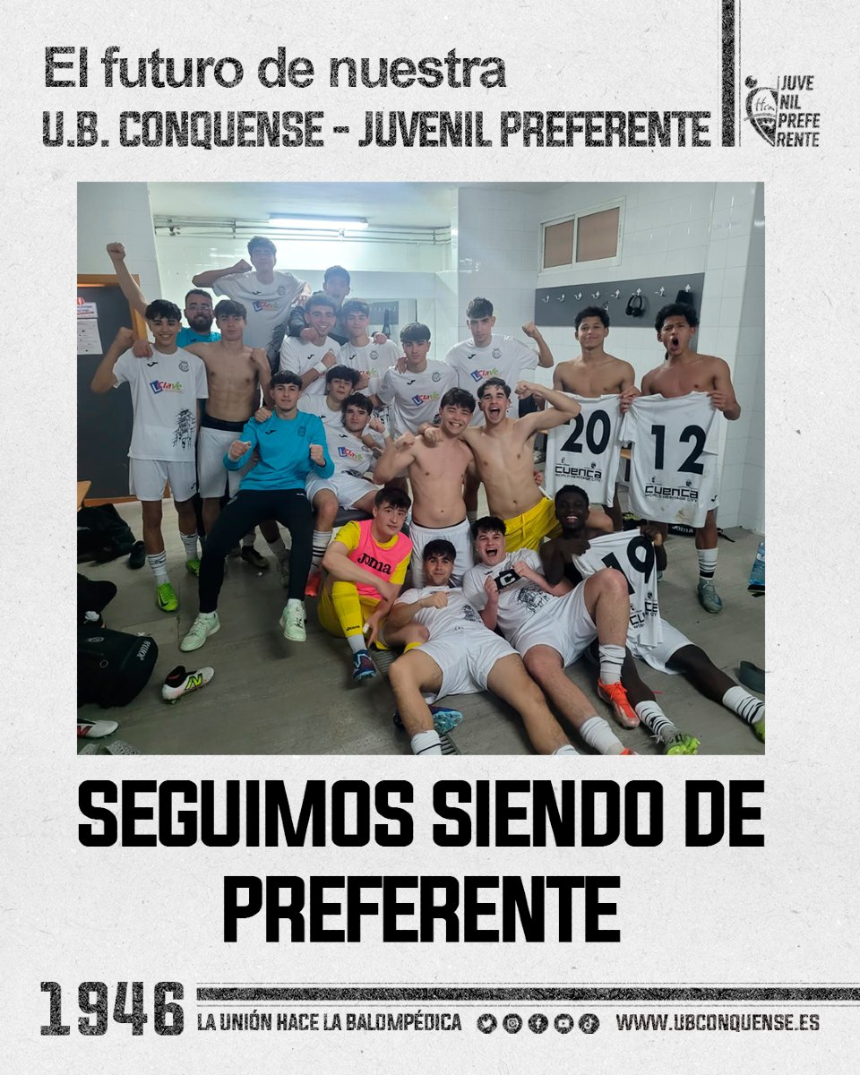 📢 #UBCJuvenilPreferente❗

¡SIIIIIII! 
Se confirma la salvación matemática de nuestro Juvenil "B". La Balompédica contará de nuevo la próxima temporada con un equipo que jugará en la categoría de Juvenil Preferente. ¡Enhorabuena chavales!

¡Vamos Conquense! ⚪⚫ #CanteraUBC