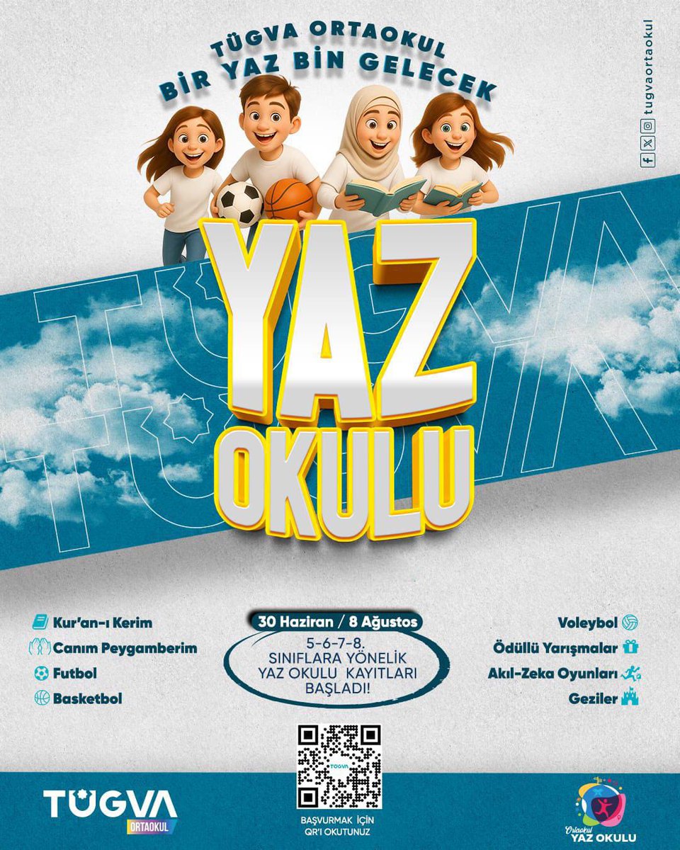 🏀 Sporla Güçlen, Oyunlarla Eğlen!
Futbol, basketbol, voleybol ve daha fazlası seni bekliyor.
TÜGVA Yaz Okulu'nda hem spor yap hem de yeni arkadaşlıklar kur.
Enerjini doğru yerde kullan!

📅 30 Haziran – 8 Ağustos

Başvuru için: tugva.org

#BirYazBinGelecek